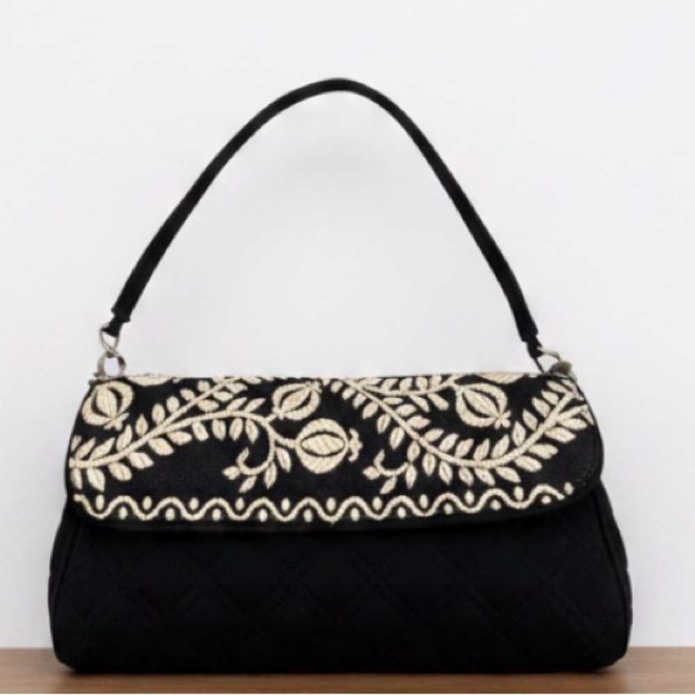 Vera Bradley Juliet Gala Black Cream Embroidery Small Clutch Shoulder Bag Purse